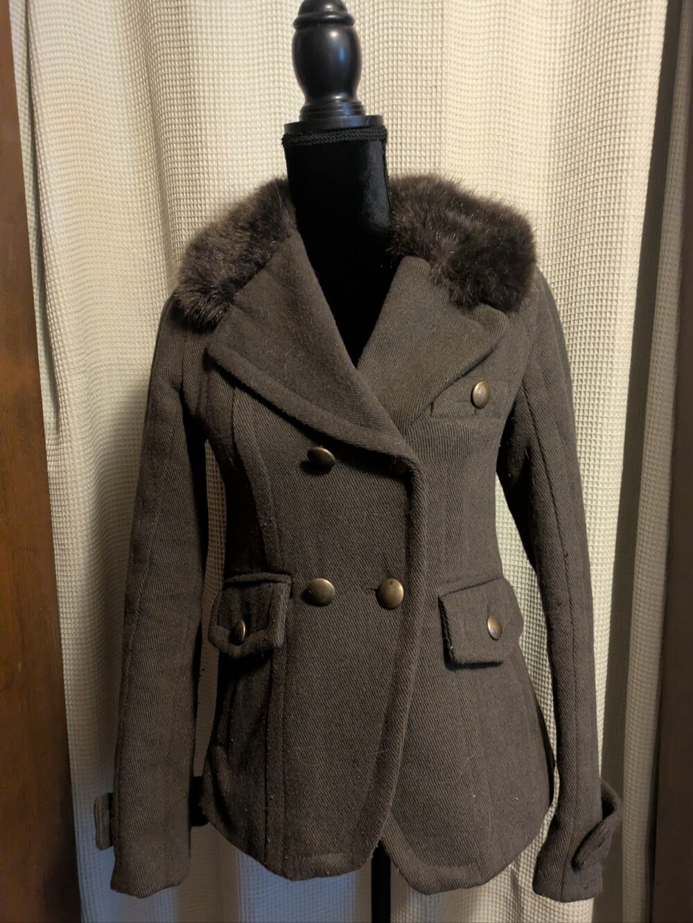 American Eagle Outfitters XS Women's Army Green Wool and Brown Faux Fur Jacket